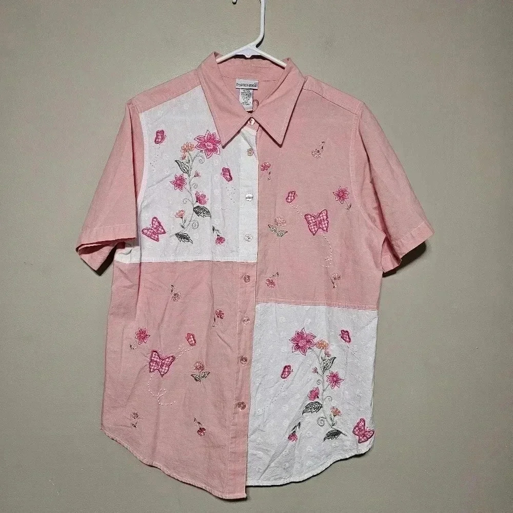 Vintage Fashion Bug Button Front Shirt Women's Size 14/16W Embroidered Flowers